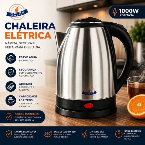 Chaleira Elétrica Gostei! 1,8l 1000w Prata Desligamento Automático - R$ 46,29