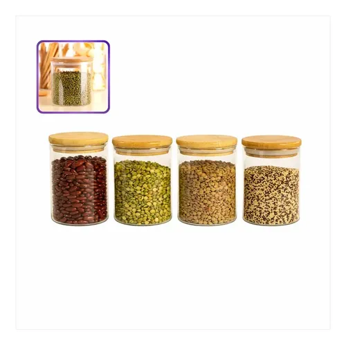 Kit 4 Potes Vidro Herméticos Resistente Com Tampa Bambu Cozinha Alimentos Mantimentos Grãos Café Cereais Temperos Da Mercazoom