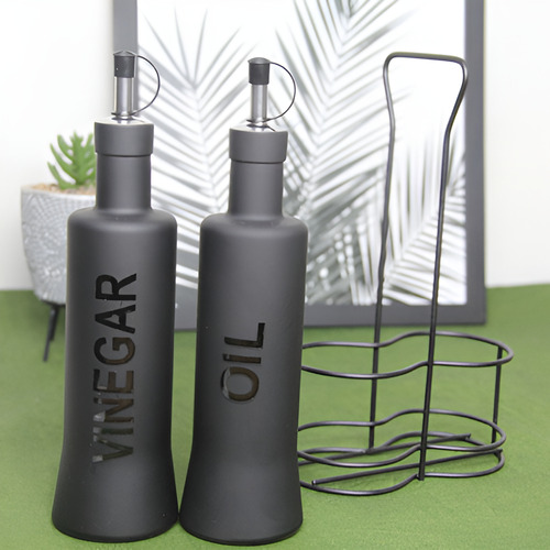 Galheteiro Vidro Nero Vinagreiro E Azeiteiro C/ Suporte Aço