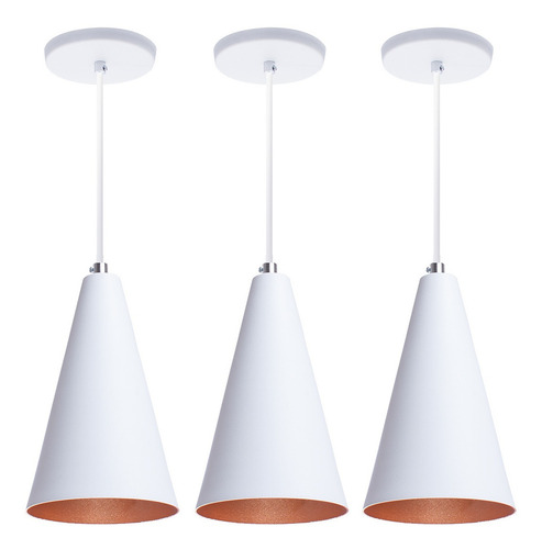 Trio Pendente Iluminar Ambiente Cone Branco Cobre Bancada Cozinha Gourmet