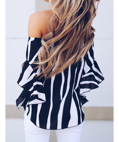 Blusa A Rayas Con Hombros Descubiertos Y Lazo En La Cintura