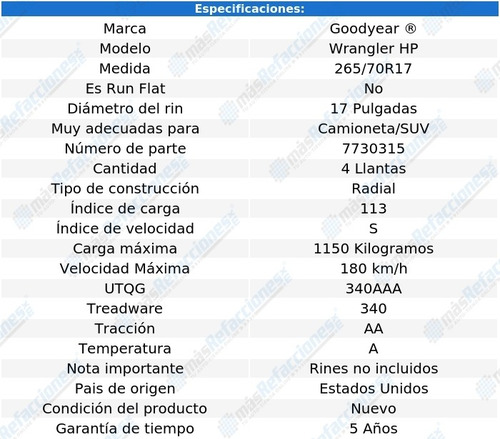 Kit De 4 Llantas 265/70r17 113s Goodyear Wrangler Hp