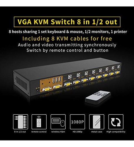 Conmutador Kvm Ekl Vga De 8 Puertos, Entrada Y 2 Salidas, 8x