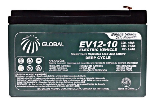 Bateria Selada 12v 10ah Global Hsc12-10 - Vida Útil: 3 Anos