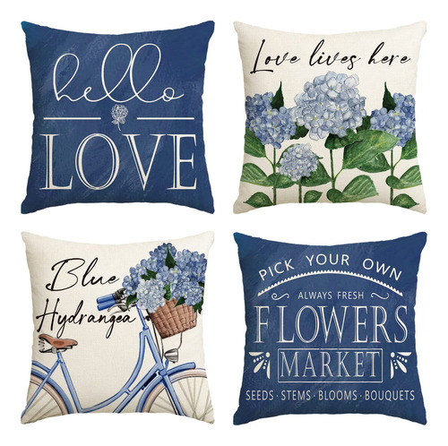 Funda De Almohada Hortensias Azules Pack 4, 50x50 Cm