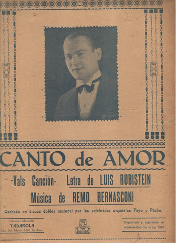 Partitura Original Del Tango Canto De Amor De Luis Rubistein