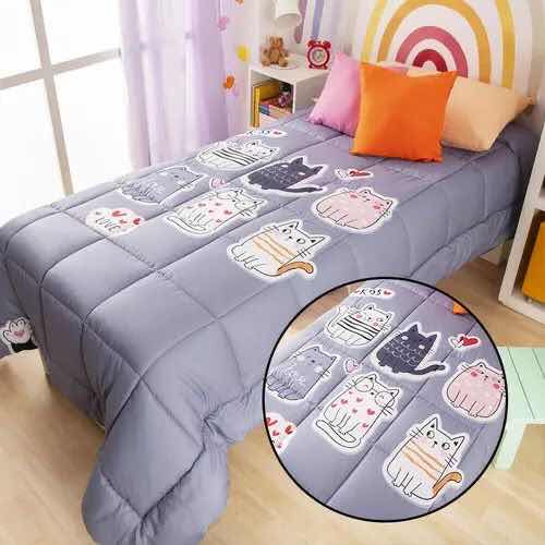 Acolchado Estampado Infantil Gatitos 1 1/2 Plazas Gris