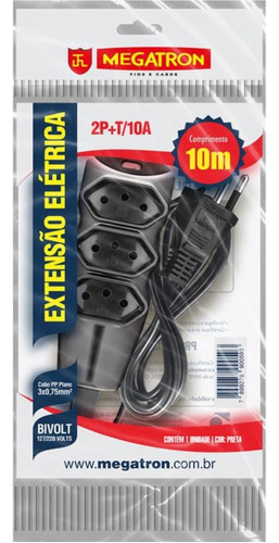 Extensao 3 Tom. Paral.3x0,75x10,00mt 2p+t 10a/250v Pt Megatr