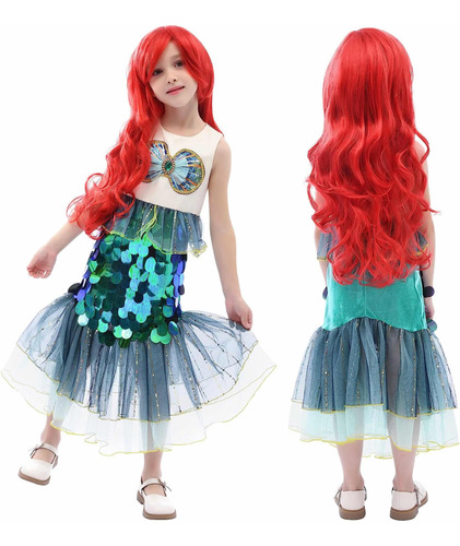 Disfraz De Princesa Ariel La Sirenita Para Niña Con Peluca