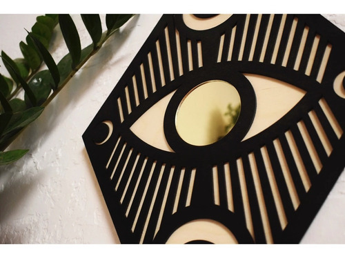 Espejo Ojo Luna Rombo Místico Diamante Decorativo Madera Marco Negro mate