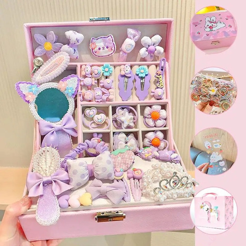 Set De Pinches Y Colets Para Niñas Con Caja De Joyería Linda