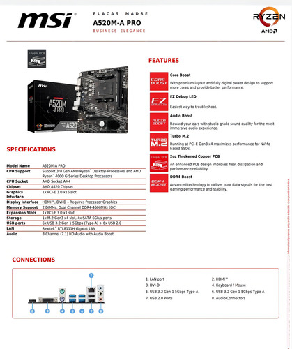 Placa Madre Msi A520m-a Pro, Am4, Ddr4 X 2, M.2, Microatx
