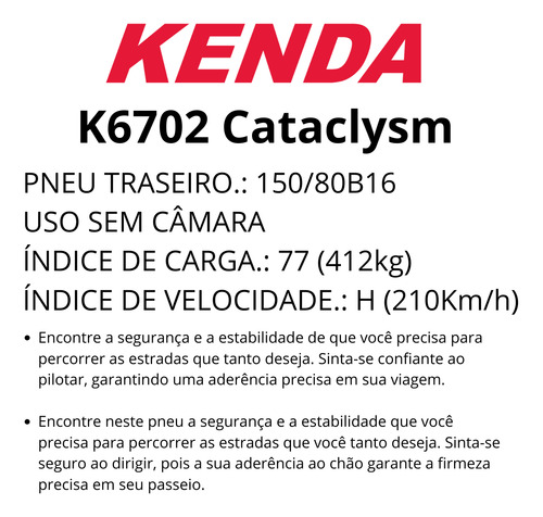 Pneu 150 80 B16 Tras Kenda K6702 Cataclysm Uso Sem Câmara