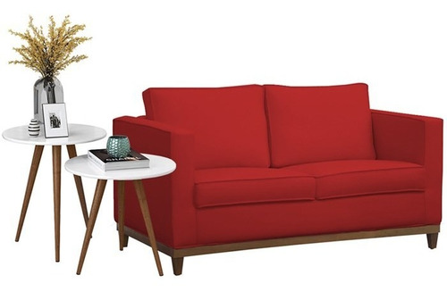 Sofa Aspen Suede Vermelho E Mesas Laterais Bia Branco Dmoneg