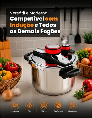 Panela De Pressão 7 Litros Aço Inox Indução Cooktop Gás Fechamento Externo 3 Níveis Segurança Premium trava