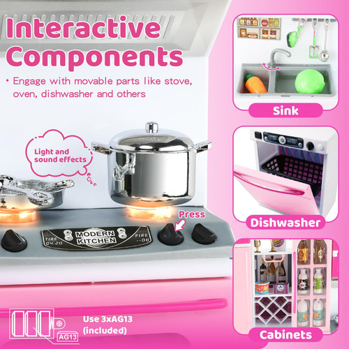 Brinquedos De Cozinha Socbtnso 64 Unidades Rosa Com Luzes E