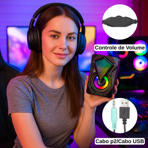 Caixa Caixinha De Som para Pc Computador Notebook Gamer Projetor Led Rgb Potente Usb P2 Cor Preto Digital Informática