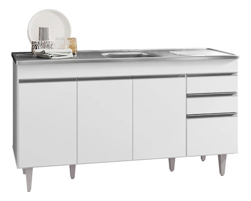 Balcão Gabinete Com Pia Inox 150cm 4 Portas 2 Gavetas Marroc Cor Branco