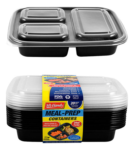 Pack 20 Contenedores 34oz De 3 Compartimentos Almuerzo Color Negro