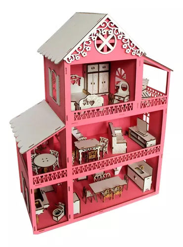 Casinha De Boneca Polly Mdf Pintada Casa C/ Kit 37 Móveis