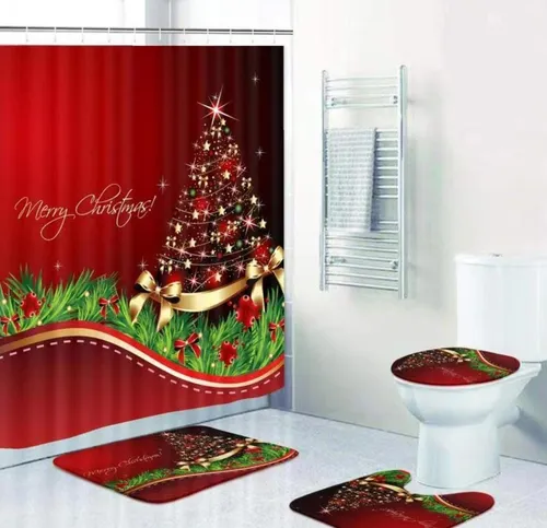 Juego De Cortina Baño Antideslizante Diseño Navidad 4 Piezas