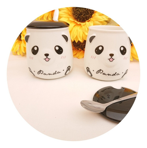 Taza Cerámica Panda, Pandita, Oso Con Cucharita Y Tapadera 