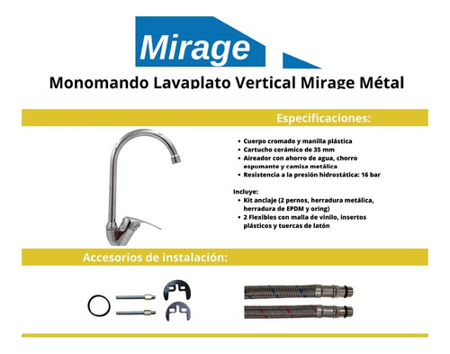 Llave Monomando Lavaplato Vertical Cromado Mirage