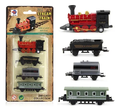 ArtCreativity Mini juego de tren de locomotora para niños, juego de 3, cada juego con 1 locomotora y 3 carros, juguete de tren fundido a presión para niños y niñas con