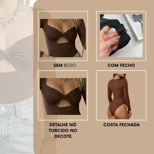 Body Feminino Manga Longa Decote Quadrado Nó Torcido | MercadoLivre