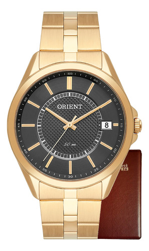 Relógio Orient Masculino Clássico Banhado A Ouro + Cor Da Correia Dourado Cor Do Bisel Dourado Cor Do Fundo Cinza-escuro