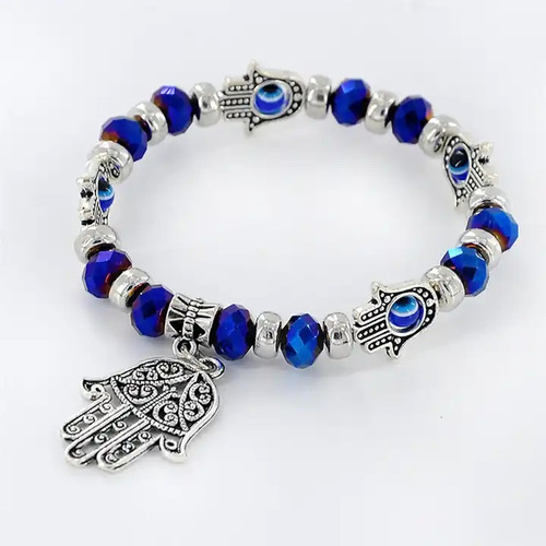 Pulsera Mujer Cuencas Mano De Fatima Hamsa Ojo Turco Azul