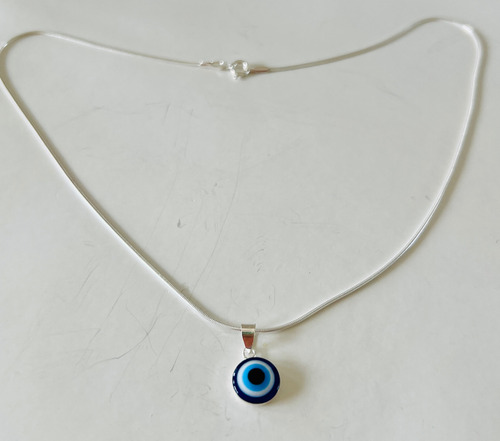 Cadena De Plata Cola De Ratón Con Dije De Ojo Turci Plateado