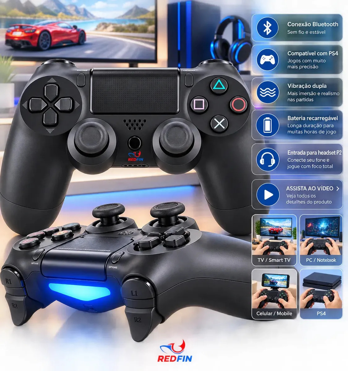 Kit 2 Controles Compatível Para Ps4 Cabo Controle Tv Samsung Pc P4 Ps 4 Bluetooth 4 Bluetooth Manete Pc Gamer Tv Smart Controle Bluetooth Sem Fio Celular Headset P2 Cor Preto - Mar