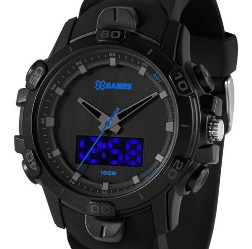 Relógio X Games Masculino Xmppa295 Papx Anadigi Led Azul Cor da correia Preto Cor do bisel Preto Cor do fundo Preto e azul