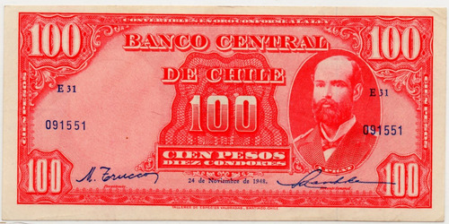 Billete De Chile 100 Pesos 24 De Noviembre De 1948 Xf+