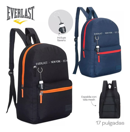 Imagen 3 de 4 de Mochila Everlast Reforzada Urbana Escolar Deportiva Llavero Color Negro (16063)