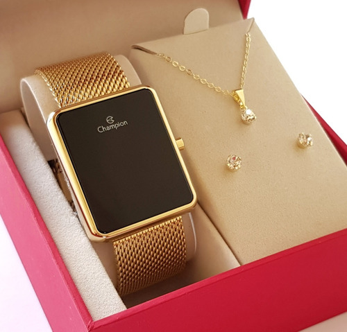 Relógio Champion Feminino Dourado Luxo + Colar E Brincos 18k