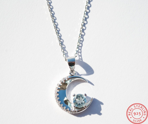 Imagen 5 de 6 de Collar Luna Creciente Topacio Azul Y Circones, Plata 925