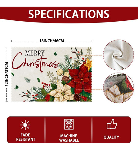 4 Manteles Individuales De Navidad De 12 X 18 Pulgadas, Dise