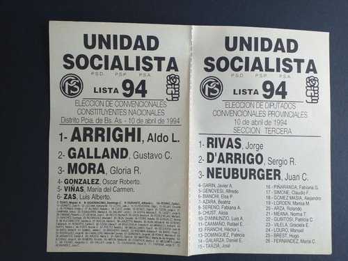 Boleta Electoral 10 Abril 1994_unidad Socialista_lista 94