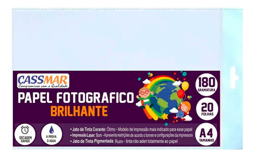 Papel Fotográfico 180g A4 Brilhante A Prova D Água 20 Fls