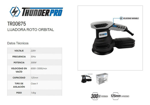 Lijadora profesional roto orbital Thunder Pro TR00675 con sistema velcro negra 50Hz 300W 220V