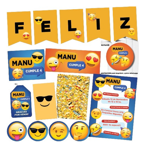 Kit Imprimible Personalizado Caras Emoji Candy Cumple Invita