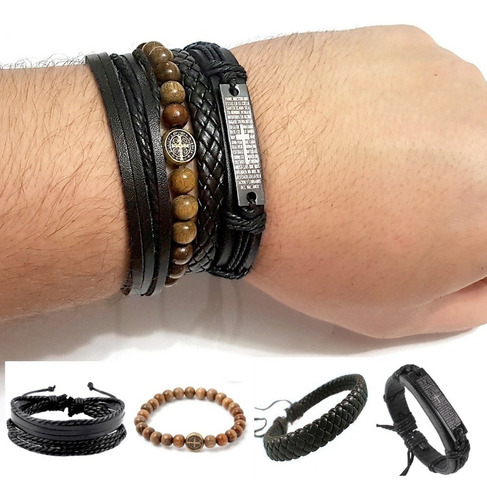 4 Pulseiras Ajustáveis De Couro Pai Nosso São Bento Madeira Comprimento 0 Mm Cor Preto Diâmetro 0 Mm