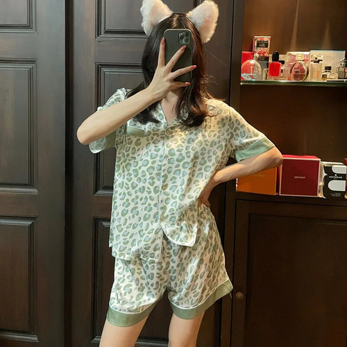 Conjunto De Pijama Con Solapa De Leopardo Verde  Ropa De Dor