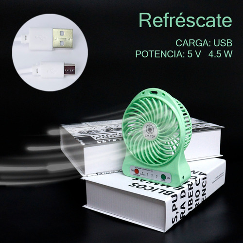 Mini Ventilador Recargableusb De Escritorio De 3 Velocidades 10 Cm 60hz Verde Claro Transparentes Plástico 3