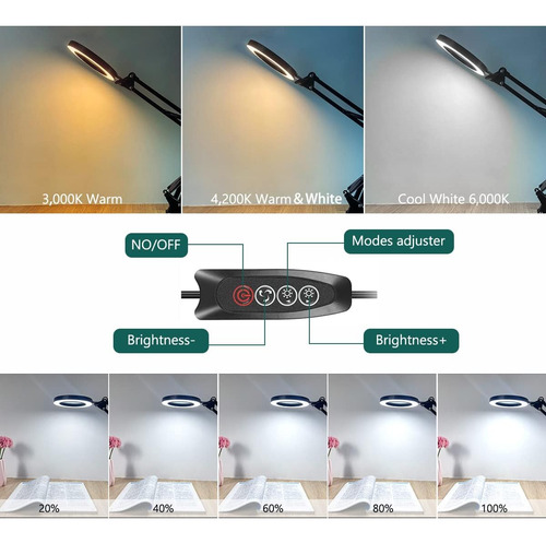 Lupa De Escritorio 10x Con Luz, Lámpara De Aumento De 12w De