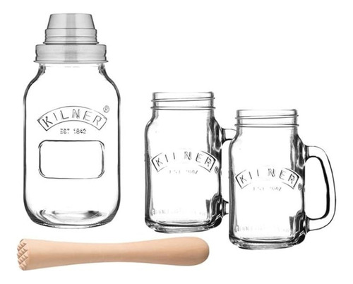 Set Cocteleria Kilner Vidrio Coctelera Con Jarros Y Pisón