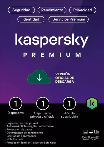Antivirus Kaspersky Premium 1 Dispo -  1 Año + Vpn Ilimitada