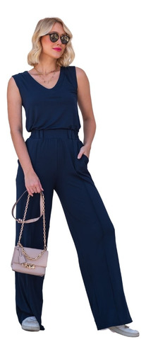 Elegante Conjunto Em Malha Premium Pantalona + Regata Decote
